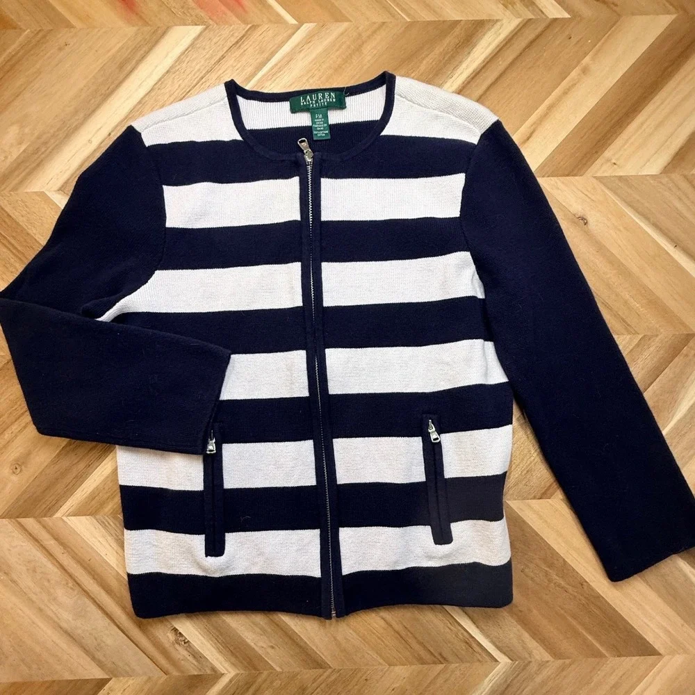 Ralph Lauren Navy White Stripe Zip Up Cardigan Sweater Womens PM Nautical Preppy